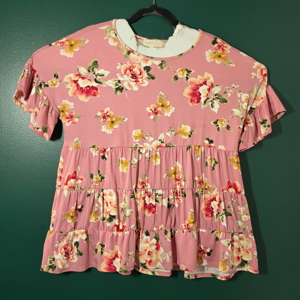 Perfect Peach Pink Floral Tiered Babydoll Top Short Ruffle Sleeve Blouse Medium
